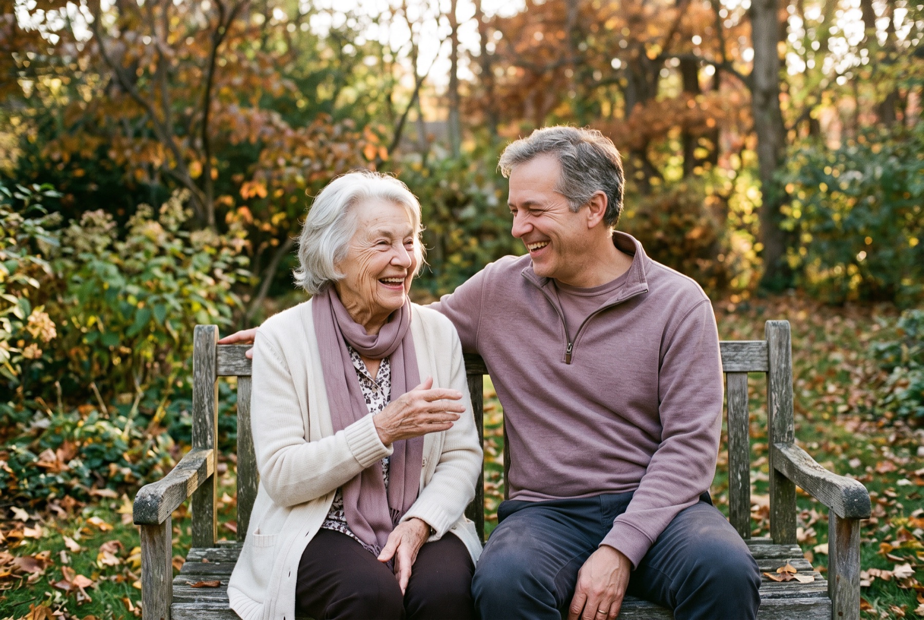 Ein Sohn und seine Mutter sitzen lachend auf einer Gartenbank