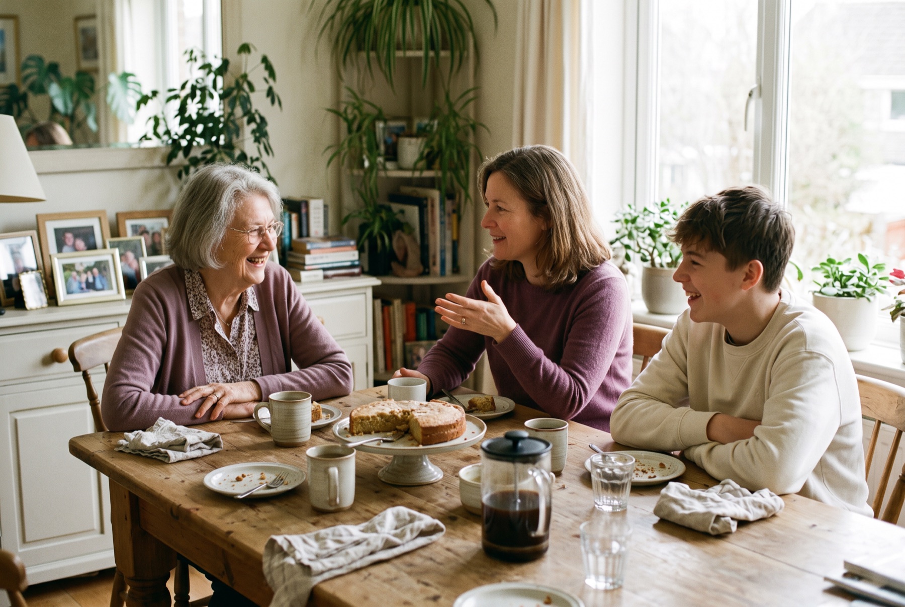 Drei Generationen sitzen lachend gemeinsam am Esstisch